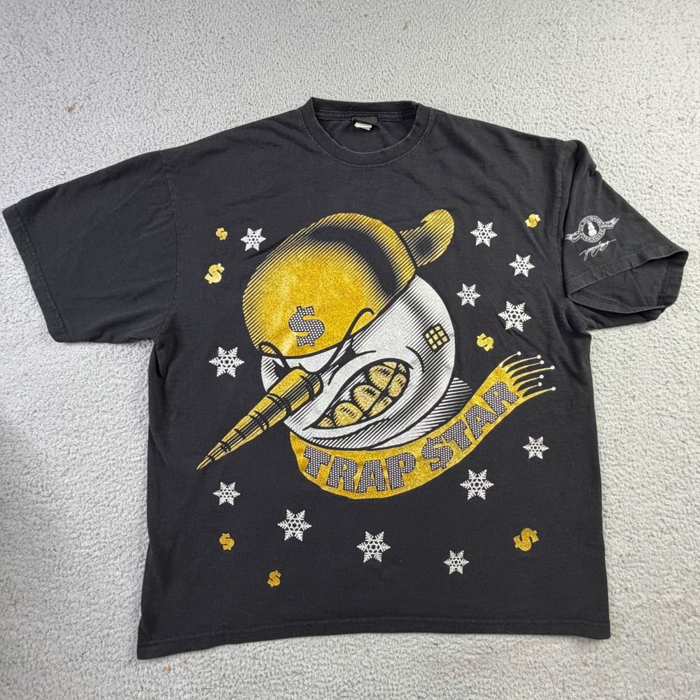 VTG Young Jeezy 8732 Y2K Trap Star Da Snowman Shirt Mens 2XL Black Gold Glitter